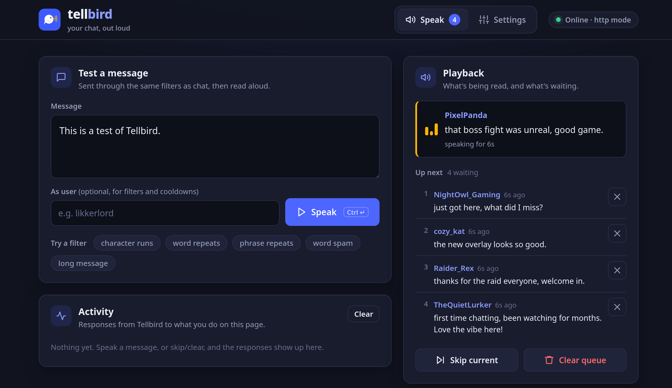 The Tellbird control panel: one chat message being read aloud, four more waiting in the queue, and buttons to skip or clear